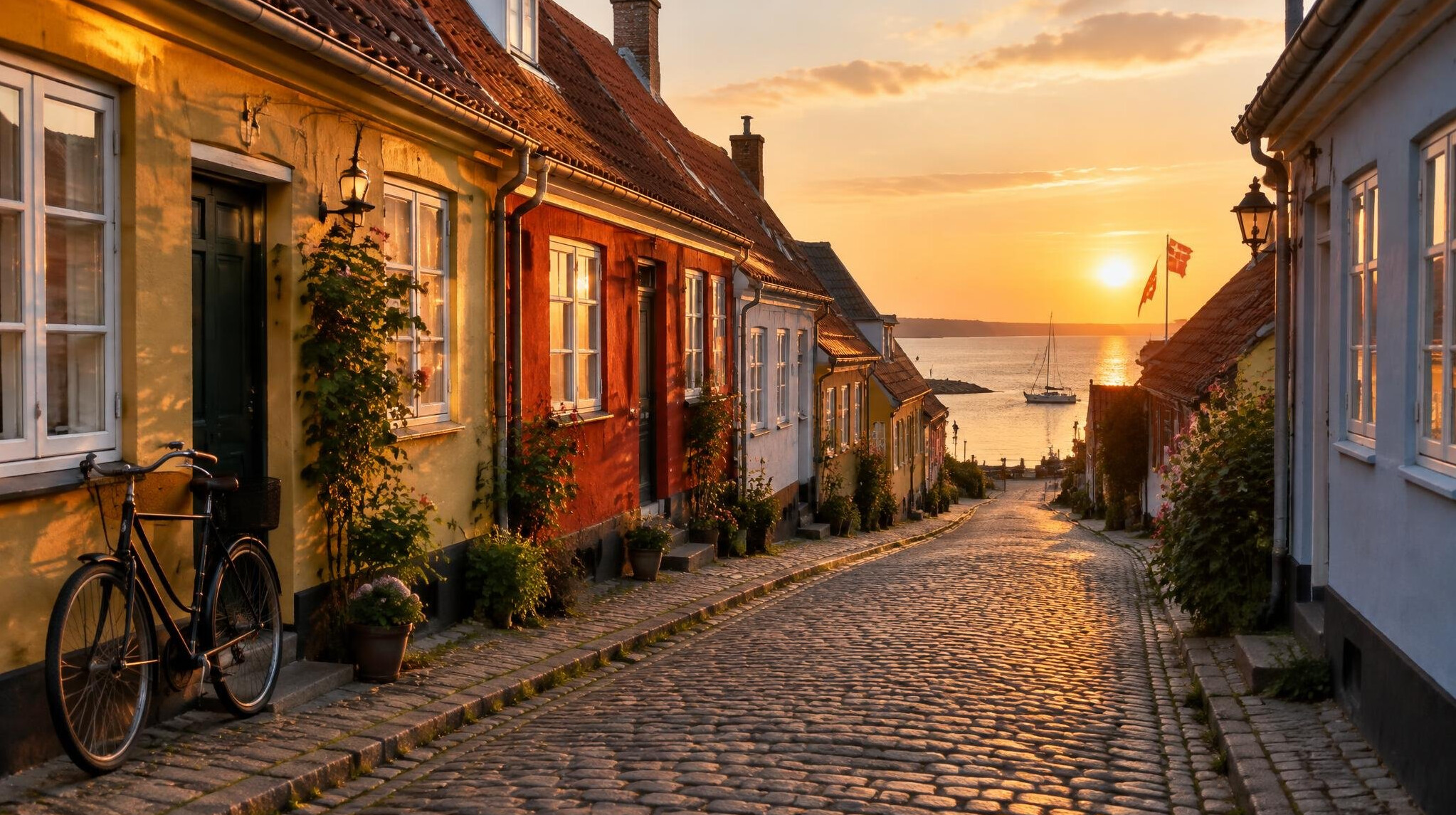 Cobbled street in a Danish coastal town at dusk
